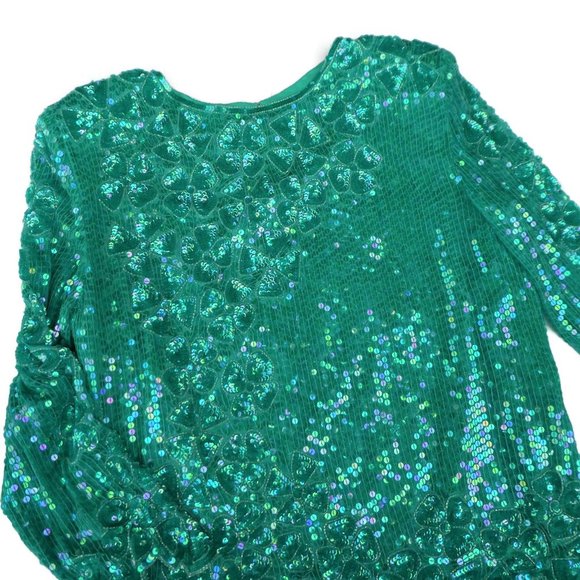 SiLK Vintage SWEE LO 80s Top Full Floral Sequin Disco Silk Emerald Green XXL - Picture 5 of 12